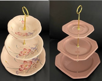 Mikasa English Chintz Rose Grey/Erica Pink Floral große 3-stöckige Tortenständer aus recycelten Vintage-Tellern