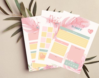 3 Page Planner set - Pink Flowers and Feathers - Daily/Weekly/Monthly
