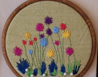 Floral freehand embroidery wall art in display frame