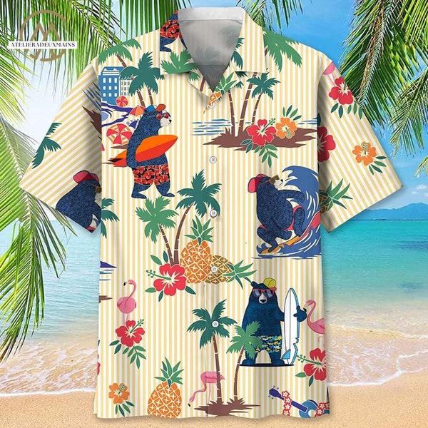 Surfing Bear Tropical Hawaiian Shirts, Button Down Shirt, Vacation Summer Shirt, Gift For Surfer, Bear Love Gift, Bear Shirt