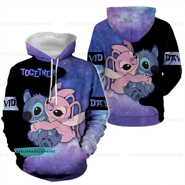 Personalized Ohana Couple Angel And Stitch Hoodie, Stitch Christmas Hoodie, Valentine Stitch Hoodie, Valentine Gifts,Couple Hoodies Matching