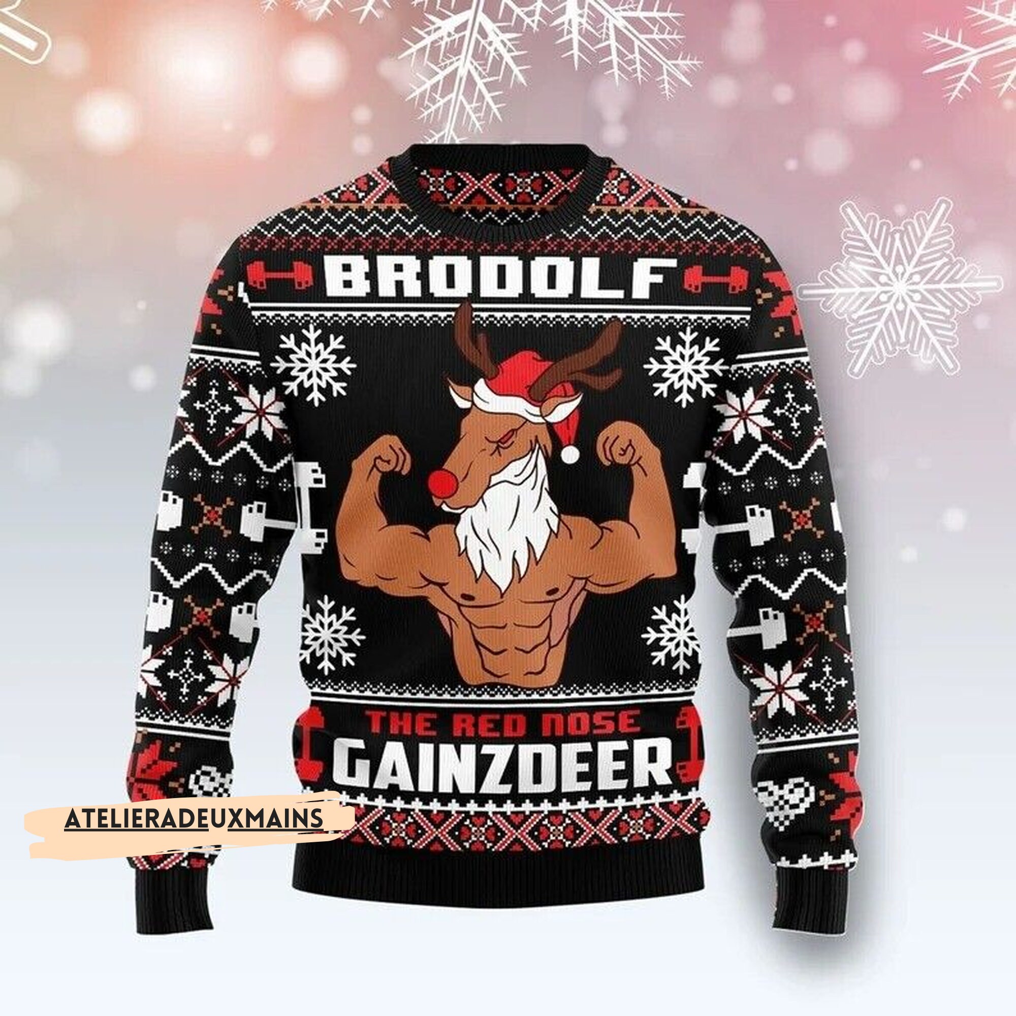 Discover Brodolf The Red Nose Gainzdeer Gym Ugly Christmas Sweater, Knitted Sweater