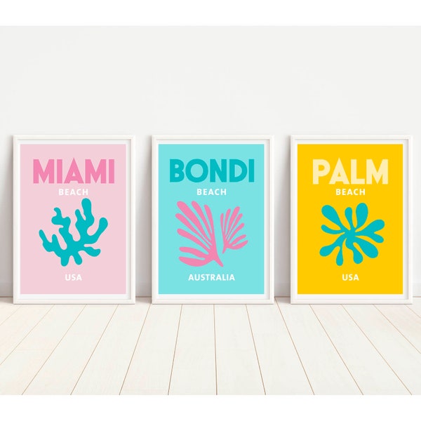 Set Of 3 Prints, Miami Bondi Palm, Colorful Wall Art, Instant Download