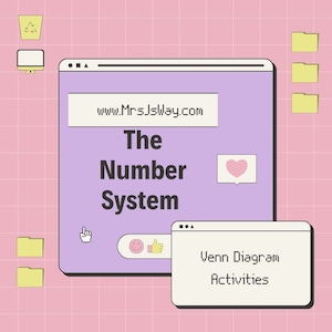May include: A purple computer screen with the text "www.MrsJsWay.com" and "The Number System". A pink heart icon is in the top right corner. A white computer screen with the text "Venn Diagram Activities" is in the bottom right corner.