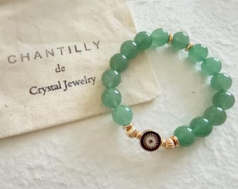 Green Aventurine Jade Bracelet with Evil Eye, Healing Stone Jewelry,  Minimalist, Gift for Her