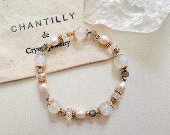 Moonstone Pearl Bracelet | Labradorite, Freshwater Pearl, 14K Gold Filled Beads