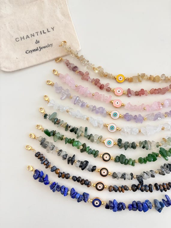 Natural Gemstone Chip Bracelet, Evil Eye Charm, Adjustable Crystal Bracelet