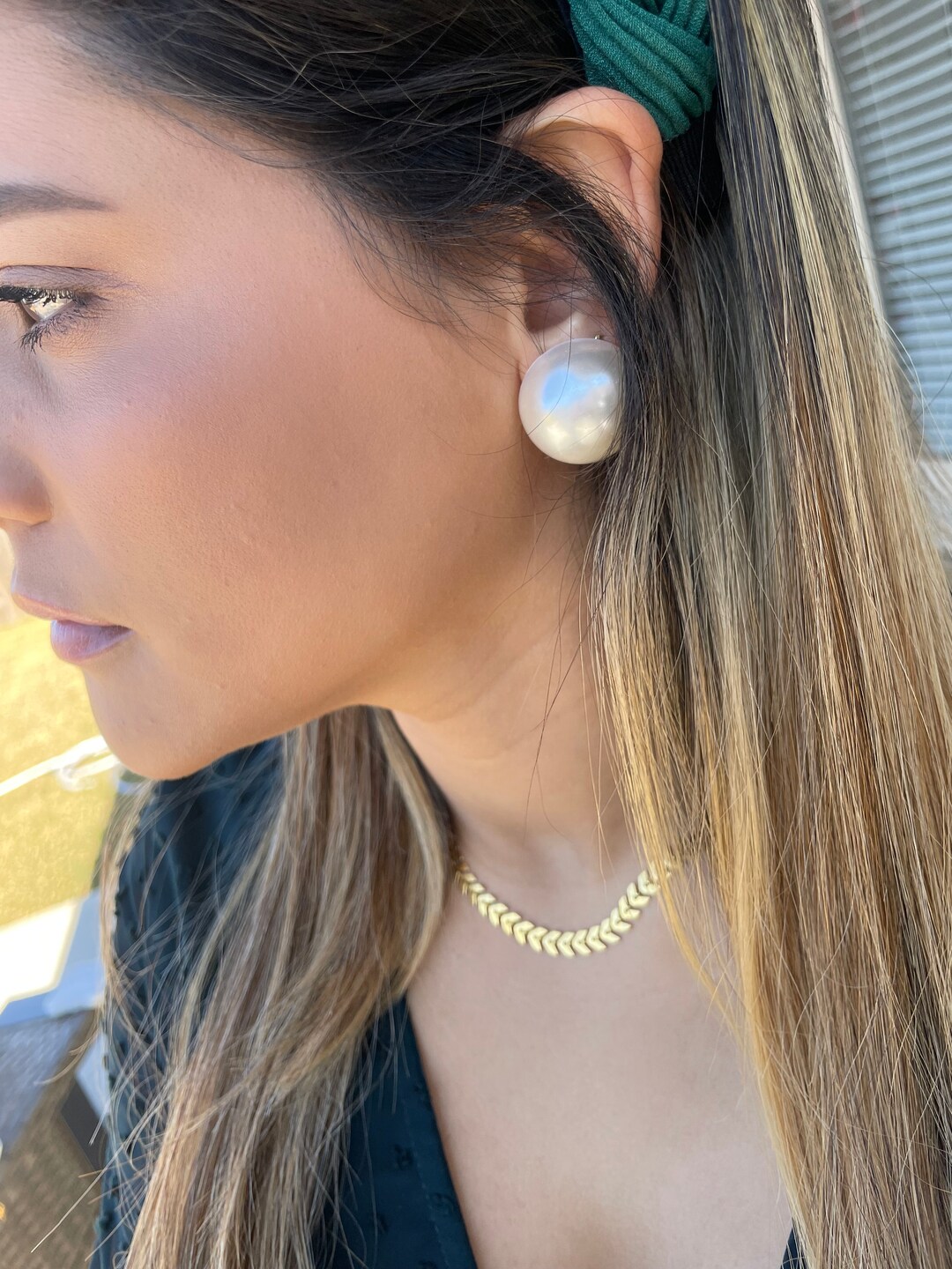 Large Pearl Earring, Oversize Pearl Stud, Half Round Pearl Earring