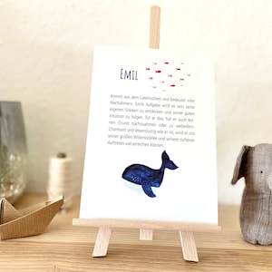 Namenskarte mit Bedeutung als Babygeschenk "Wal"