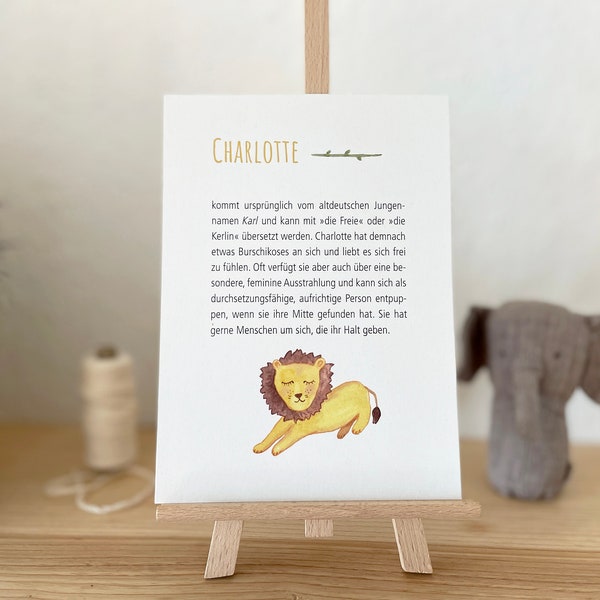 Namenskarte mit Bedeutung als Babygeschenk "Löwe", Taufdeko, Taufgeschenk Junge, zur Geburt Mädchen, Deko Kinderzimmer