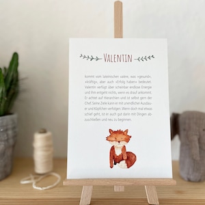 Namenskarte mit Bedeutung als Babygeschenk "Fuchs“