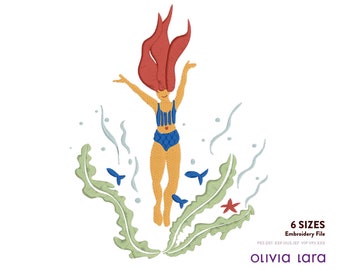 Enchanting Dive: Woman Swimming in the Sea Embroidery File, Machine Embroidery Design