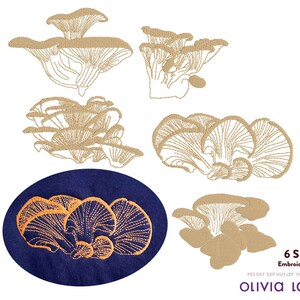 May include: Six embroidery designs of oyster mushrooms in various sizes and arrangements. The designs are in a beige color and are suitable for embroidery projects.