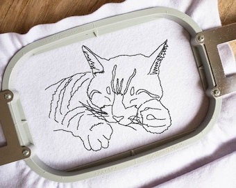 Cat Embroidery Design: Line Art Cute Tabby Snoozing