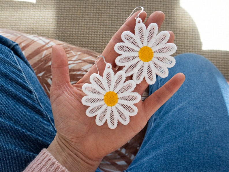 statement daisy earrings, sustainable accessory, large lightweight earrings, statement earrings, white flower earrings, daisy dangle gift image 6