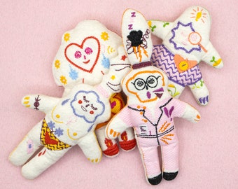 menstrual cycle dolls embroidered, sustainable handmade gift, cyclical living, inner season, feminist art collectibles