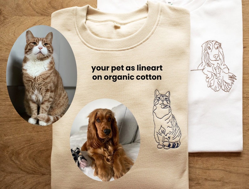 custom pet portrait jumper, organic cotton cat hoodie, dog lover gift, t-shirt with line art from photo, personalised pic sweater image 2