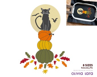 Cat on Pumpkins Embroidery Design, Autumn Whimsy, Halloween Pumpkins