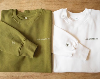 Organic Cotton Sweatshirt: Custom Embroidered Roman Numeral Personalized Date Gift