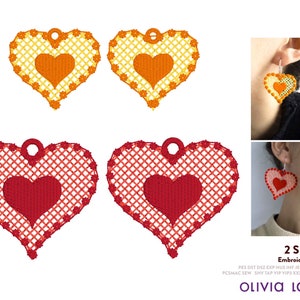 Heart Earrings FSL Embroidery Design File: DIY Project, 3-4cm (Digital Download)