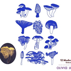 May include: A set of 12 blue embroidery designs of different types of mushrooms. The designs are in a simple, line art style. The text "12 Mushrooms Embroidery File" is at the bottom of the image.