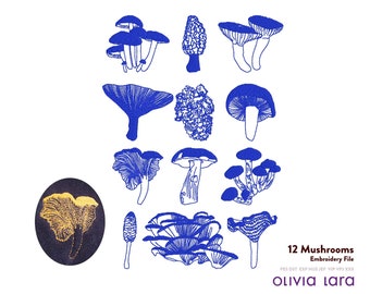 12 Mushroom Machine Embroidery Designs - Foraged Mushrooms