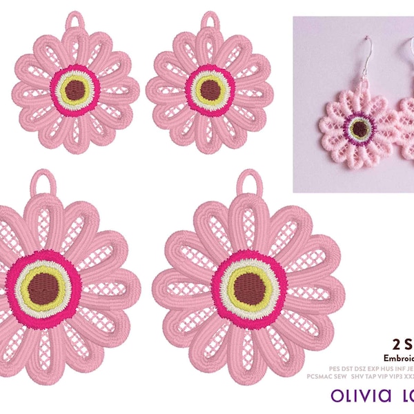 Pink Marguerite Daisy Earrings FSL Embroidery Design File, Floral Free Standing Lace, Embroidery Machine DIY Project, 2 Sizes