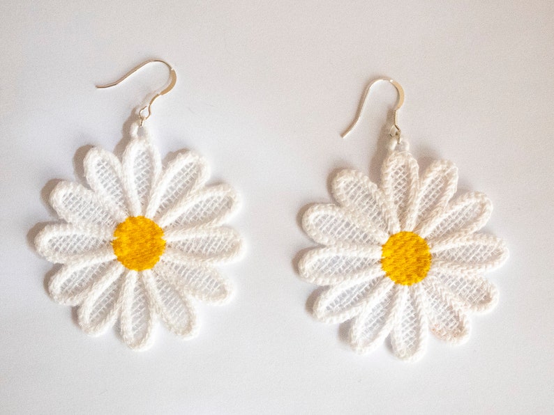 statement daisy earrings, sustainable accessory, large lightweight earrings, statement earrings, white flower earrings, daisy dangle gift image 9