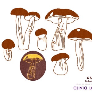 May include: Six embroidery designs of mushrooms in brown and yellow. The designs are in various sizes and shapes. The text "6 SIZES Embroidery File PES DST EXP HUS JEF VIP VP3 XXX Olivia Lara" is at the bottom of the image.