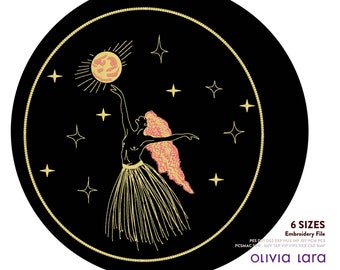 Moonlit Enchantment: Dancing Woman Embroidery Design File, Magical Dancing, DIY Machine Embroidery Project, Whimsical, Moon Phase