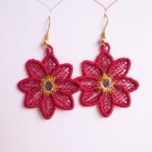 Dahlia Earrings FSL Machine Embroidery Design, Bishop of Llandaff Free Standing Lace, Spring Accessories, Summer Decor