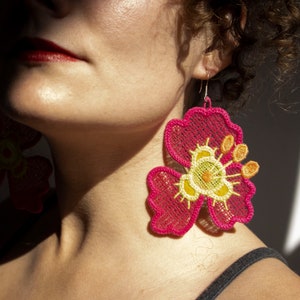 Large Floral Earrings Pink, Festival Accessory, Tropical Flower Statement , Lace Embroidery, Boho Beach Babe, Summer Pool Showpiece