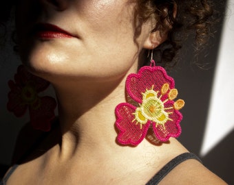 Large Floral Earrings Pink, Festival Accessory, Tropical Flower Statement , Lace Embroidery, Boho Beach Babe, Summer Pool Showpiece