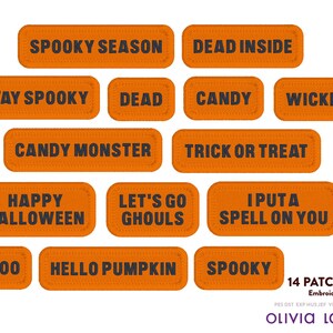 Könnte beinhalten: 14 orangefarbene und schwarze Halloween-Bügelbilder mit verschiedenen gruseligen Sprüchen. Die Patches beinhalten "Spooky Season", "Dead Inside", "Stay Spooky", "Dead", "Candy", "Wicked", "Candy Monster", "Trick or Treat", "Happy Halloween", "Let's Go Ghouls", "I Put a Spell on You", "Boo", "Hello Pumpkin", und "Spooky".