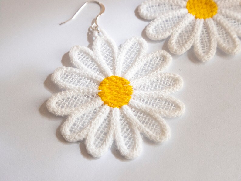 statement daisy earrings, sustainable accessory, large lightweight earrings, statement earrings, white flower earrings, daisy dangle gift image 2