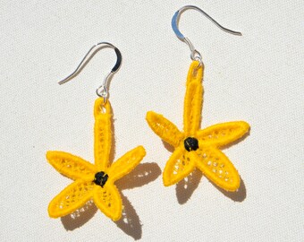 Handcrafted Yellow Daisy Earrings, Sustainably Made Floral Beauties, Black Eyed Susan, Sterling Silver, Lightweight Lace
