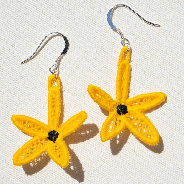 Handcrafted Yellow Daisy Earrings, Sustainably Made Floral Beauties, Black Eyed Susan, Sterling Silver, Lightweight Lace