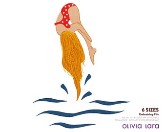 Dynamic Dive: Woman in Red Polka Dot Swimsuit Embroidery File, Instant Download