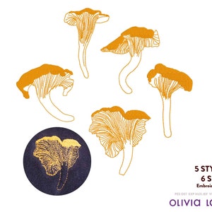 May include: Five embroidery designs of chanterelle mushrooms in various sizes. The designs are outlined in white and filled with a solid yellow color. The text "5 STYLES 6 SIZES Embroidery File PES DST EXP HUS JEF VIP VP3 XXX OLIVIA Lara" is at the bottom of the image.