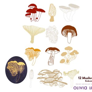 May include: An illustration featuring 12 different mushroom designs in various shapes and colors, including red, brown, and beige. The text "12 Mushrooms Embroidery File" is displayed at the bottom, along with the designer's name, Olivia Lara.