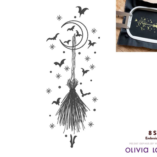 Magical Broomstick Witchcraft Halloween Embroidery Design: Bats and Broomstick