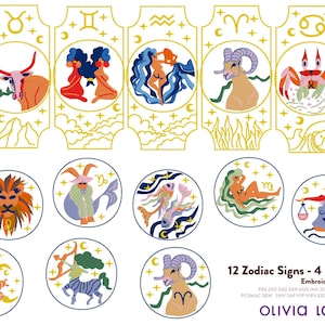 Zodiac Embroidery Pack: 12 Signs in 2 Styles - Instant Download, DIY Machine Embroidery File