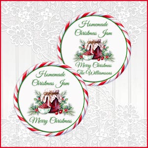 May include: Two round Christmas jam labels with red and white candy cane borders. Each label features a jar of jam, a bowl of berries, and the text "Homemade Christmas Jam" and "Merry Christmas".