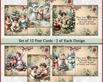Könnte beinhalten: Ein Set aus 12 weihnachtlichen Postkarten im Vintage-Stil mit sechs verschiedenen Motiven von Engeln und Kindern in verschneiten Landschaften. Jede Karte zeigt den Text Post Card, eine Weihnachtsstern-Briefmarke und den Text May your Christmas be trimmed with the love and warmth of family and friends.