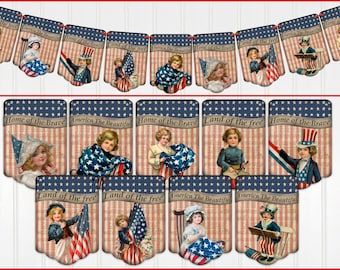 Patriotic Banner, Vintage Style, 4th of July Banner, Bunting, Garland, Independence Day Decoration, Patriotic Decor