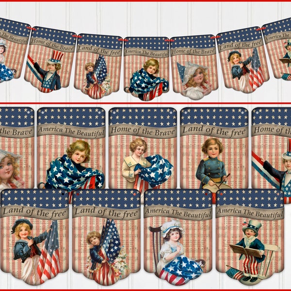 Patriotic Banner, Vintage Style, 4th of July Banner, Bunting, Garland, Independence Day Decoration, Patriotic Decor