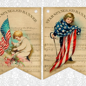 May include: Two printable banners featuring a vintage illustration of children holding American flags. The banners are decorated with sheet music and the lyrics to the Star-Spangled Banner.