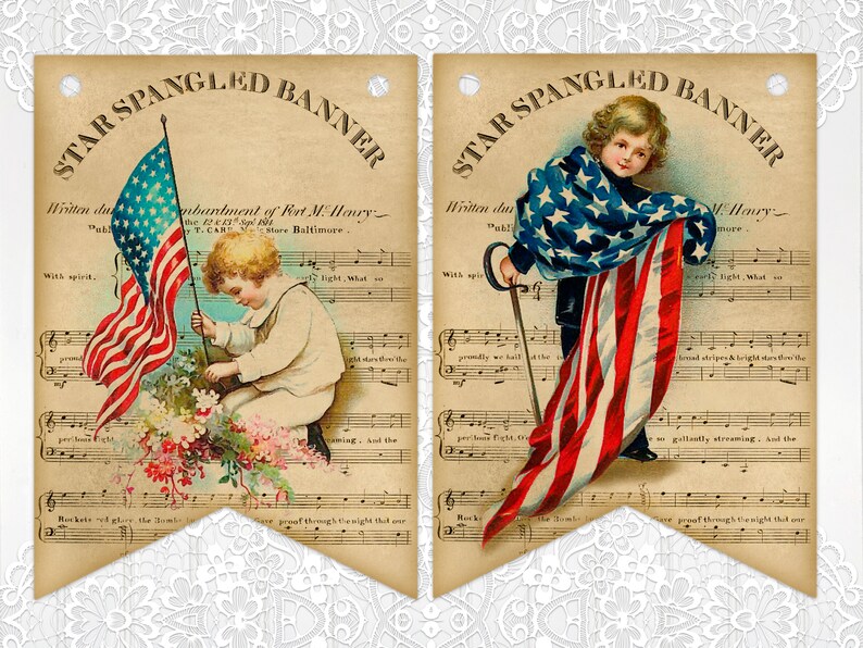 May include: Two printable banners featuring a vintage illustration of children holding American flags. The banners are decorated with sheet music and the lyrics to the Star-Spangled Banner.