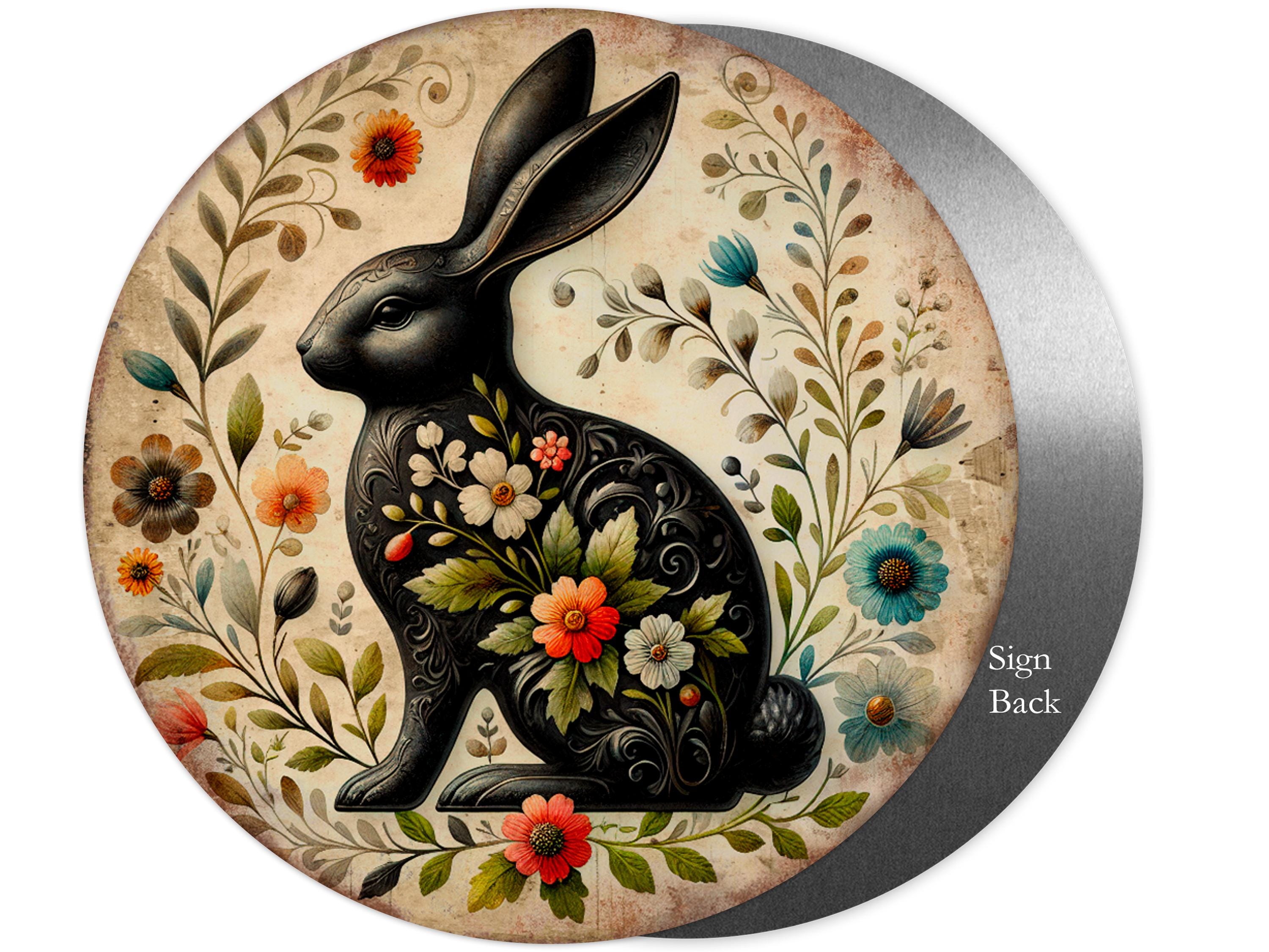 Rabbit Folk Art Sign, Metal Sign, Wreath Sign, Round Sign, Country ...