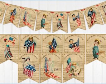 Patriotic Banner, Vintage Style, 4th of July Banner, Bunting, Garland, Independence Day Decoration, Patriotic Decor, Two Sizes Available